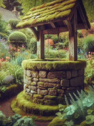 A rustic stone wishing well surrounded by lush greenery and vibrant flowers.