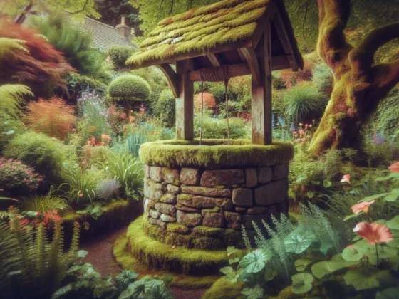 A rustic stone wishing well surrounded by lush greenery and vibrant flowers.
