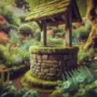 A rustic stone wishing well surrounded by lush greenery and vibrant flowers.