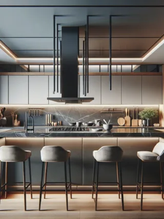 A contemporary kitchen with sleek, elevated countertops, modern amenities, and attention to design detail and luxury.