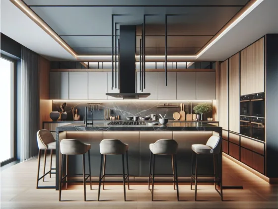 A contemporary kitchen with sleek, elevated countertops, modern amenities, and attention to design detail and luxury.