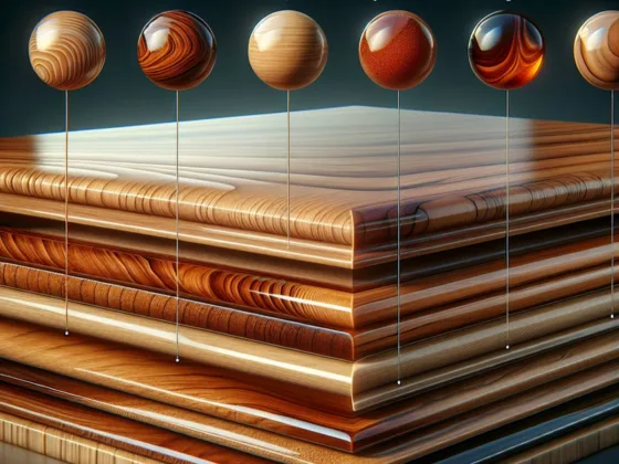 A close-up image of a wooden surface showcasing different clear finishes including shellac, lacquer, polyurethane, and varnish. Each finish demonstrates unique textures, colors, and levels of shine.