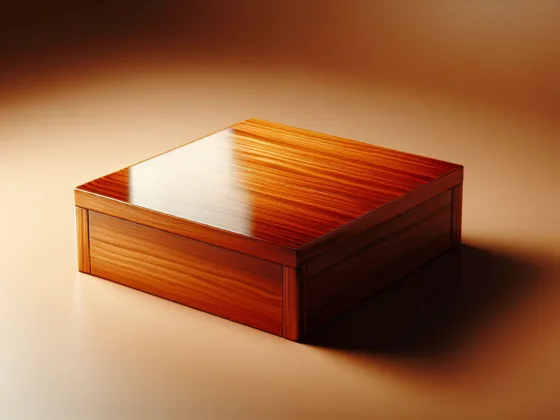 A glossy, amber wooden table reflecting light off its smooth surface.