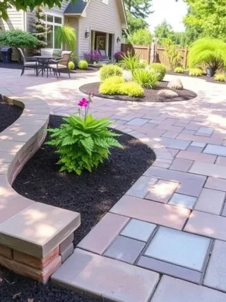 Landscaped backyard patio with a curved brick retaining wall, paver walkway, and various plants.