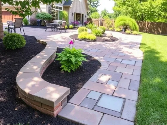 Landscaped backyard patio with a curved brick retaining wall, paver walkway, and various plants.
