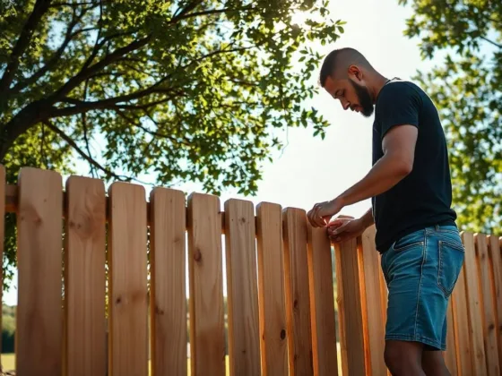 A man constructing a wooden fence.