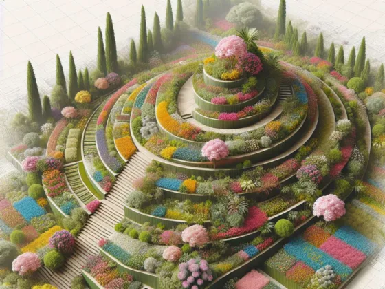 Aerial view of a vibrant, terraced garden with colorful flowers flowing down the hillside.