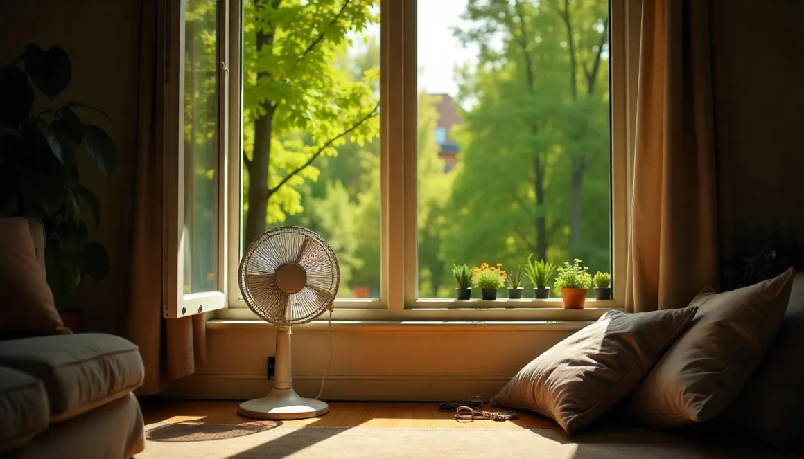 Cozy home with open windows, a box fan blowing air out, gentle breeze flowing through, surrounded by lush green trees under a bright sunny sky.