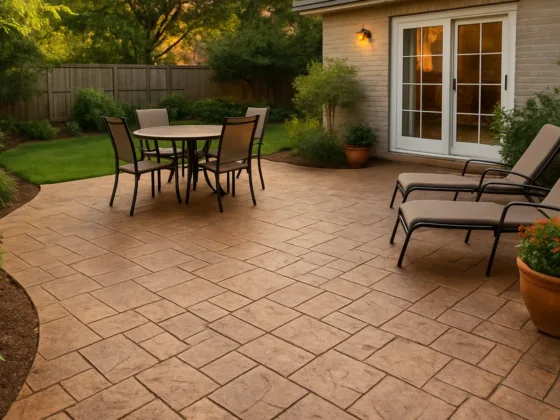 Stamped decorative concrete patio with warm stone pattern, outdoor dining set, lounge chairs, and planting beds in a cosy backyard at golden hour.