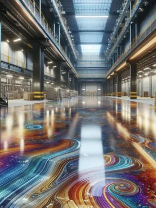 A vivid and realistic image illustrating the concept of epoxy resin flooring. Picture a wide interior, possibly a commercial or industrial setting, boasting glossy, shiny floors that reflect the overhead lighting beautifully. The floor, coated in a rich layer of epoxy resin, is unique with prismatic, multi-colored textures tantalizingly embedded the surface. It exemplifies an extremely durable, seamless, and high-performance surface that is easy to clean and resistant to wear and tear. The surroundings show the practical application of such flooring, with modular workstations, machinery, or decorative items that emphasize its versatility, aesthetic appeal, and functional efficiency.
