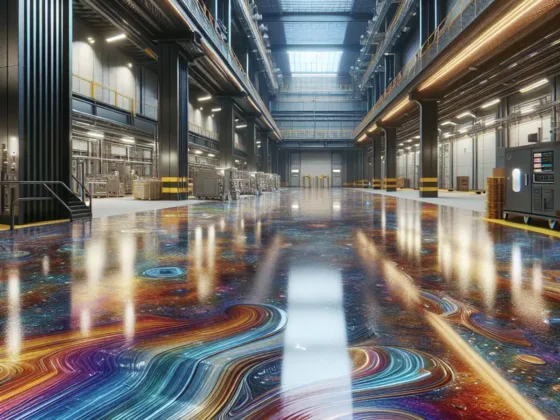 A vivid and realistic image illustrating the concept of epoxy resin flooring. Picture a wide interior, possibly a commercial or industrial setting, boasting glossy, shiny floors that reflect the overhead lighting beautifully. The floor, coated in a rich layer of epoxy resin, is unique with prismatic, multi-colored textures tantalizingly embedded the surface. It exemplifies an extremely durable, seamless, and high-performance surface that is easy to clean and resistant to wear and tear. The surroundings show the practical application of such flooring, with modular workstations, machinery, or decorative items that emphasize its versatility, aesthetic appeal, and functional efficiency.