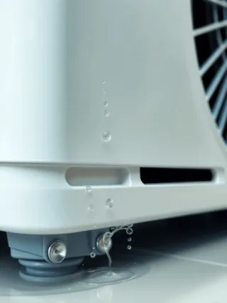 Close-up of a modern air conditioning unit with water droplets and pooling underneath, highlighting AC water leakage in a clean indoor setting.