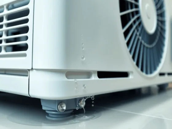 Close-up of a modern air conditioning unit with water droplets and pooling underneath, highlighting AC water leakage in a clean indoor setting.