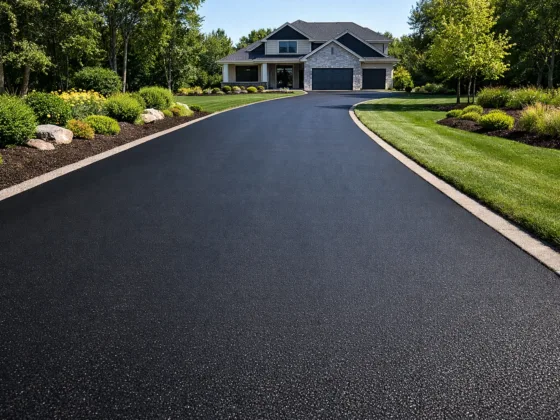 New residential asphalt driveway with smooth surface and landscaped edges