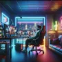 A modern gaming room with vibrant neon signs illuminating the space in colorful hues. The cozy atmosphere is enhanced by dim lighting. A sleek desk holds multiple monitors, with gaming accessories like controllers and headsets neatly arranged nearby. In the center, a comfortable gaming chair is occupied by an individual deeply focused on gameplay, surrounded by an immersive setup that highlights the excitement of the gaming experience.
