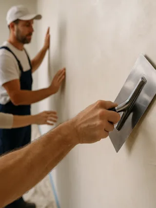 Close-up of a pro plasterer applying Venetian plaster with a steel trowel while a homeowner watches in a modern living room