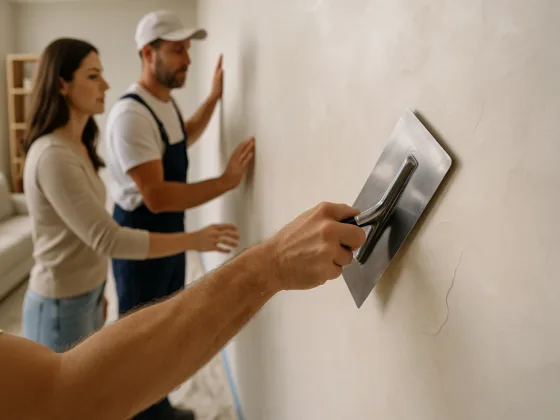Close-up of a pro plasterer applying Venetian plaster with a steel trowel while a homeowner watches in a modern living room