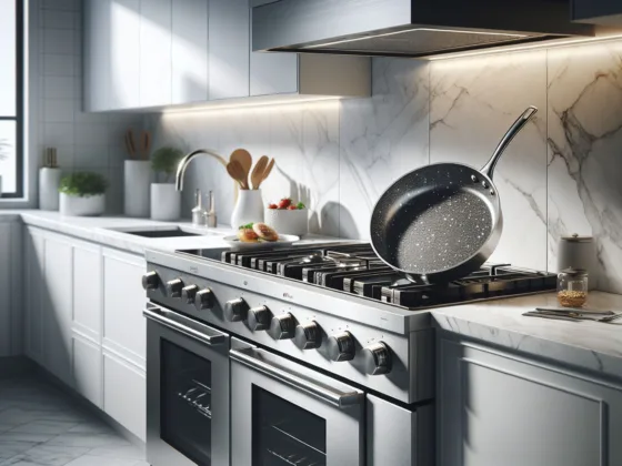 A sleek, modern kitchen with polished marble countertops, white minimalist design, stainless steel appliances, and a frying pan with Granite-like non-stick coating on the stove.