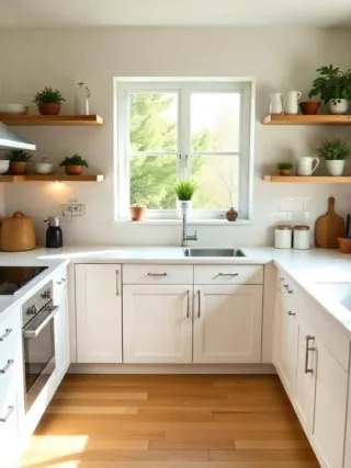 An overhead view of the kitchen after the makeover, highlighting the organized countertops and modern decor. The lighting is bright and cheerful, emphasizing the spaciousness of the area.