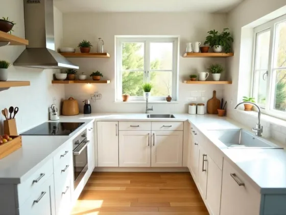 An overhead view of the kitchen after the makeover, highlighting the organized countertops and modern decor. The lighting is bright and cheerful, emphasizing the spaciousness of the area.