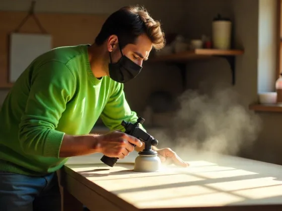 Using a paint sprayer gun to paint a wooden surface in a workshop.