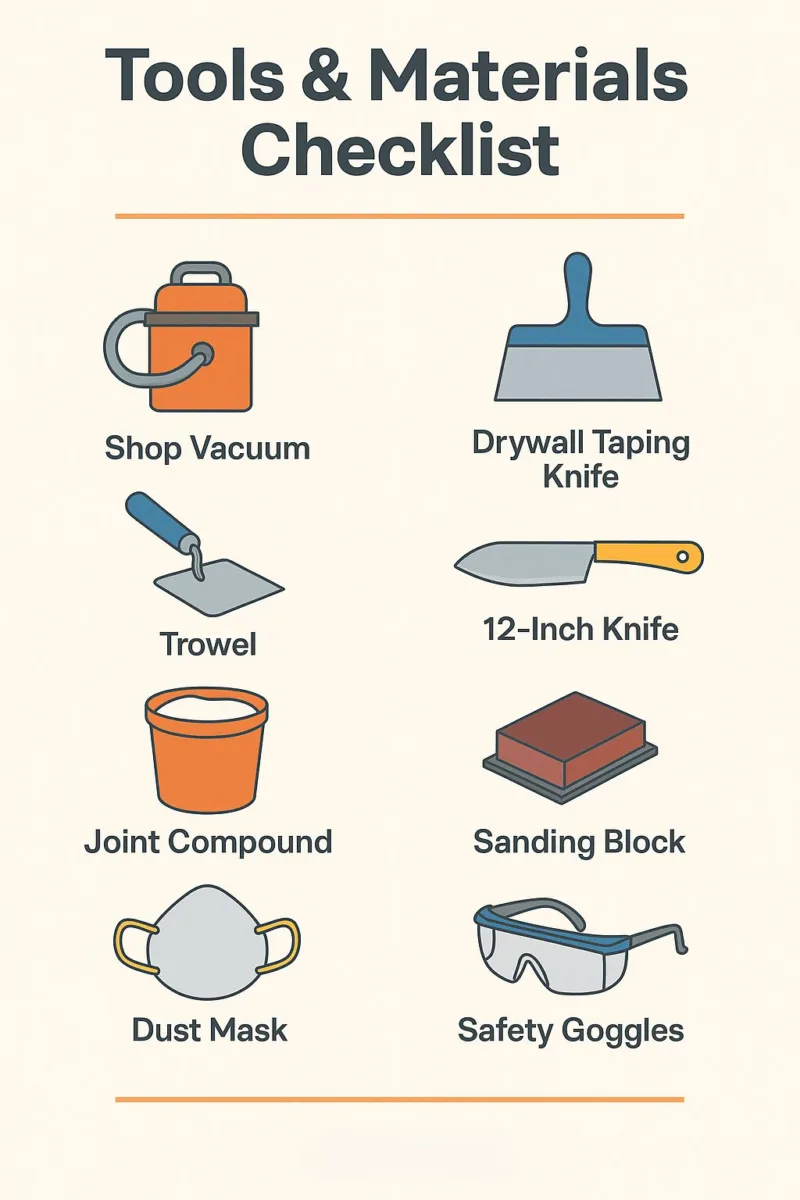 Infographic showing essential tools and materials needed to finish drywall, including joint compound, drywall knife, sander, and safety gear.