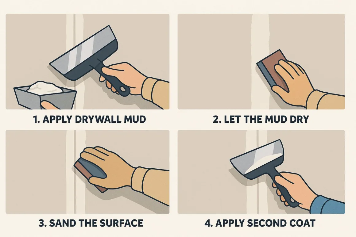 Four illustrated steps showing the drywall finishing process: apply drywall mud, let it dry, sand the surface, and apply a second coat.