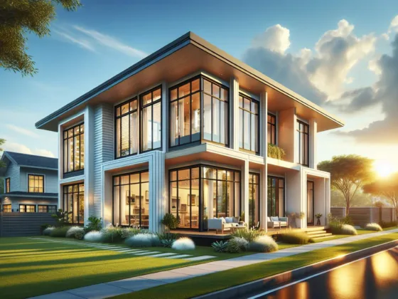 A modern, elegant house with double hung windows surrounded by a peaceful environment on a bright, sunny day.