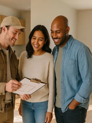 Contractor reviews floor plan with homeowners in a bright, open-plan kitchen during a home remodel.