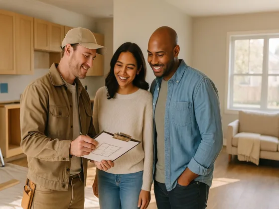 Contractor reviews floor plan with homeowners in a bright, open-plan kitchen during a home remodel.
