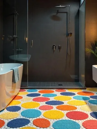 A vibrant bathroom with a colorful mosaic river rock shower floor, contrasting against dark gray walls and bright, modern lighting.