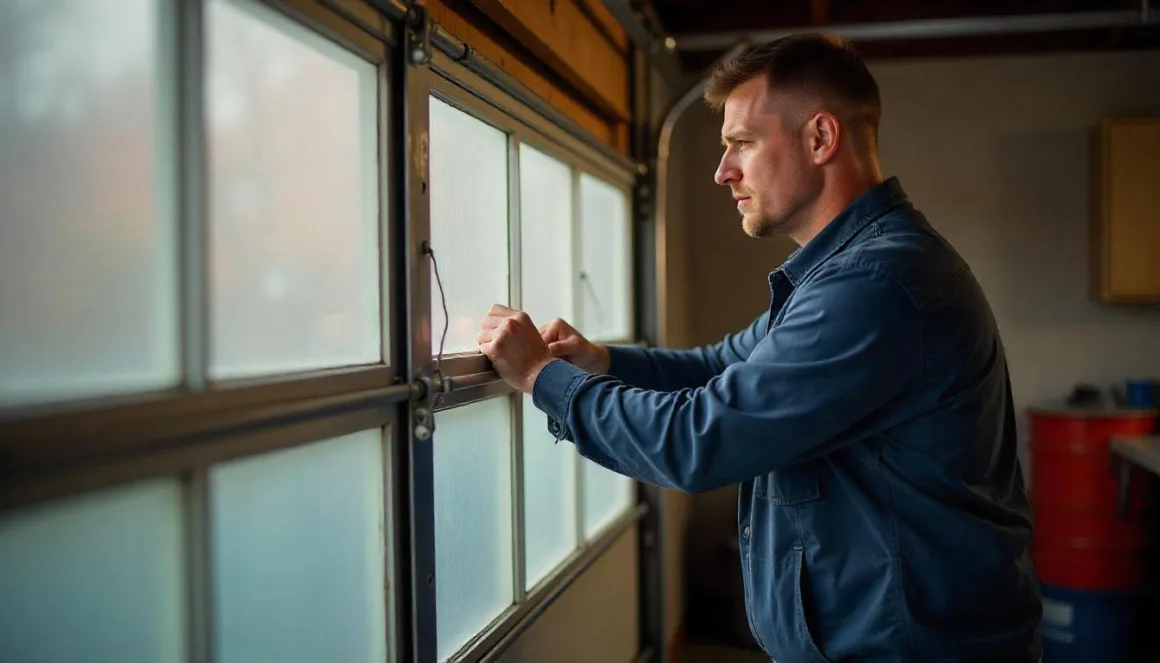 A professional is repairing a garage door in a garage.