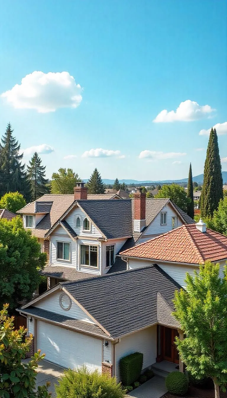 Collage of houses with diverse roofing materials asphalt shingles, metal panels, clay tiles, wood shakes, synthetic roofing.