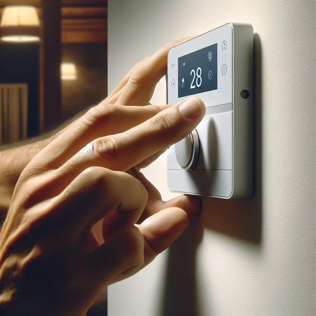 A person's hand confidently installing a smart thermostat onto a wall.
