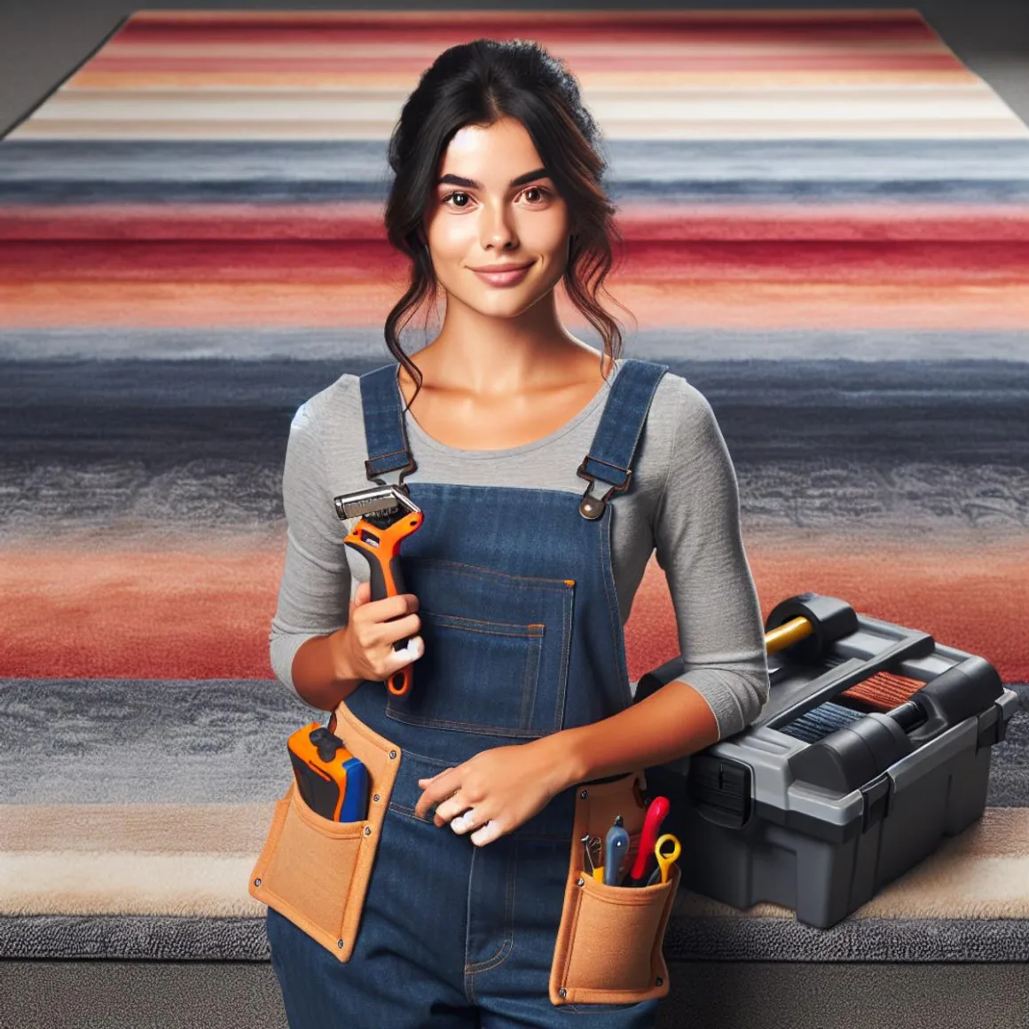 A carpet installer with her tools, standing next to a well-laid carpet gradient.