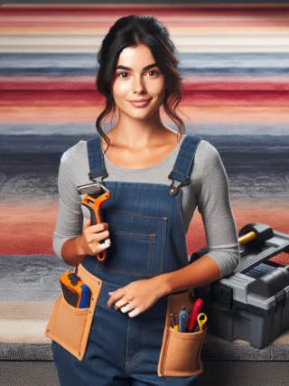 A carpet installer with her tools, standing next to a well-laid carpet gradient.