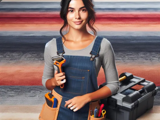 A carpet installer with her tools, standing next to a well-laid carpet gradient.