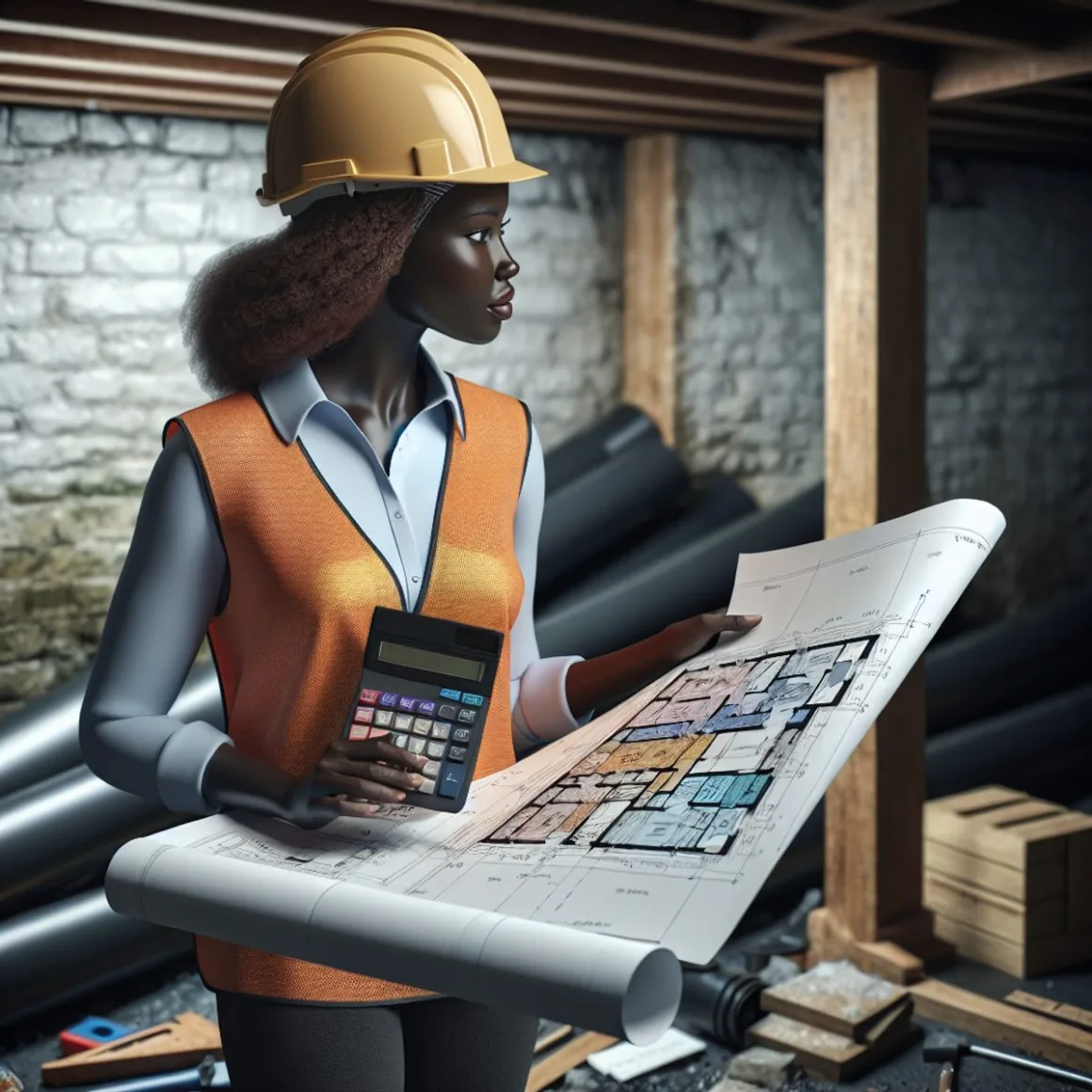 A construction worker attentively examining a blueprint while holding a calculator and wearing a yellow safety helmet and orange high-visibility vest, standing against a background with elements that hint at a basement under renovation.
