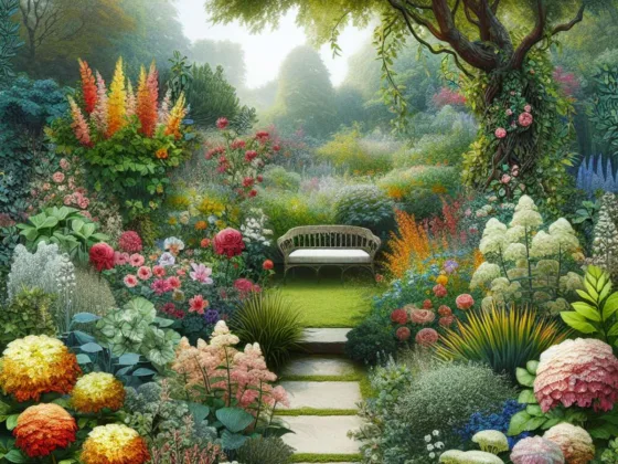 A garden oasis with a variety of colorful flowers, lush greenery, and a cozy seating area.