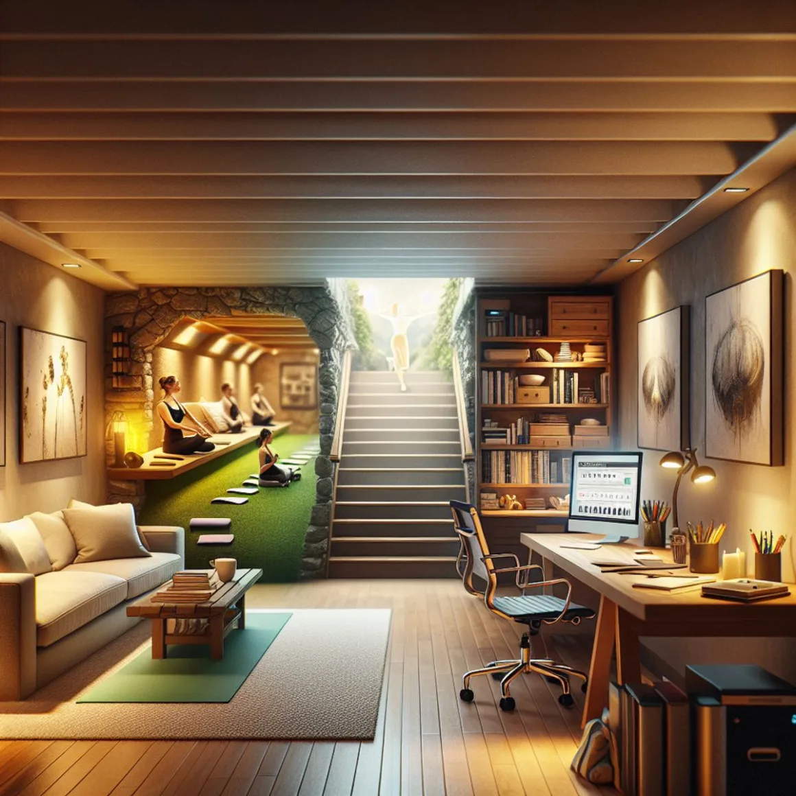 A remodeled basement with a health section, cozy living area, and productive workspace.