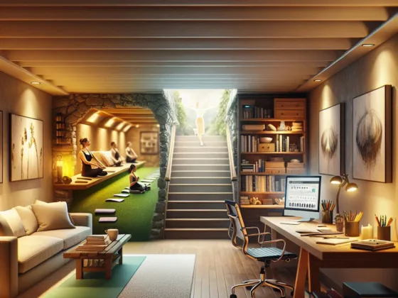 A remodeled basement with a health section, cozy living area, and productive workspace.