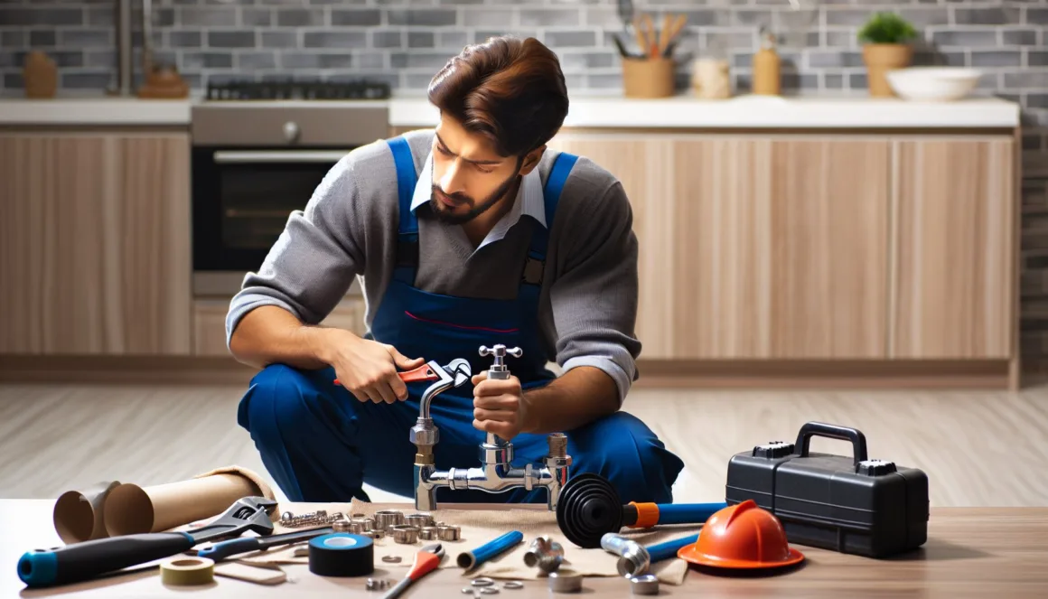 A skilled plumber diligently fixing a dripping faucet