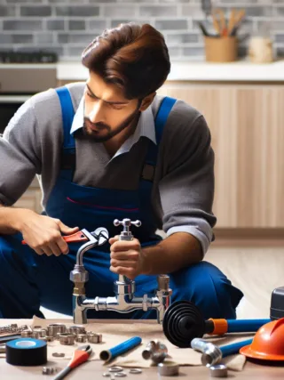 A skilled plumber diligently fixing a dripping faucet
