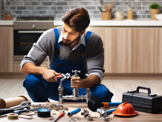 A skilled plumber diligently fixing a dripping faucet