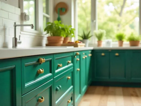 A kitchen cabinet with deep green drawers, adorned with gold handles, placed in a bright, airy kitchen with large windows and potted herbs on the countertop.
