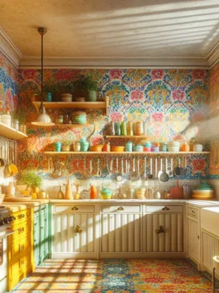 Vibrant and elegant kitchen with modern appliances and sunlight streaming through the window.