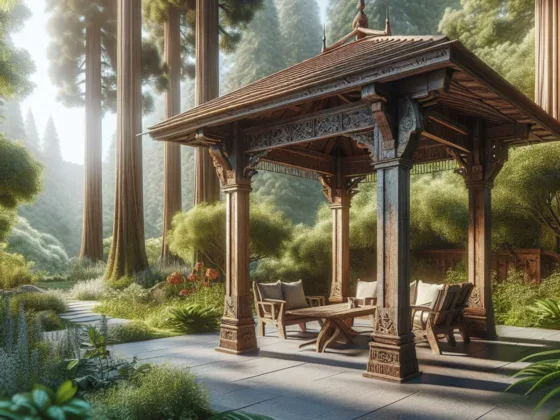 Rustic wooden pergola in natural landscape