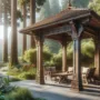 Rustic wooden pergola in natural landscape