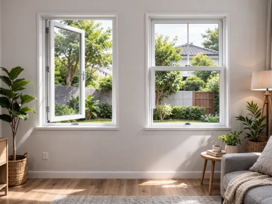 Side-by-side comparison of casement and double hung windows in a modern home interior