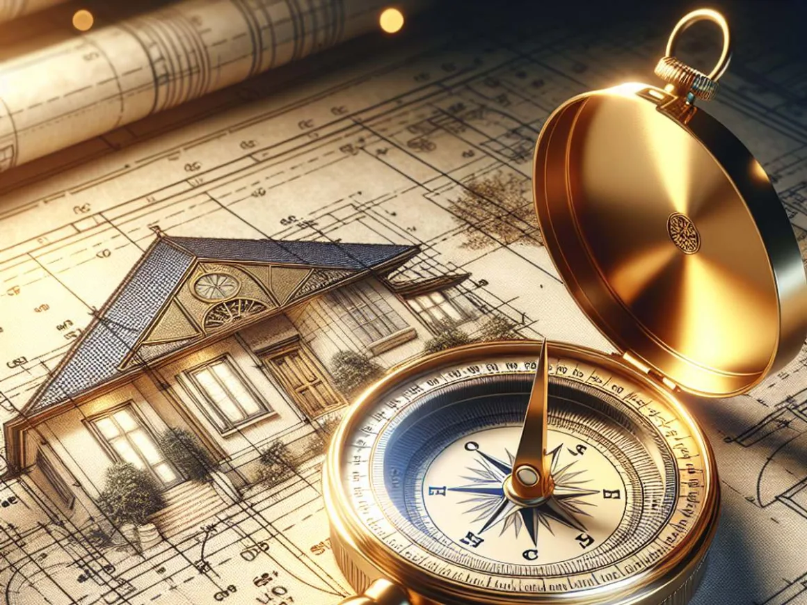A golden compass pointing towards a detailed blueprint of a house for renovation.
